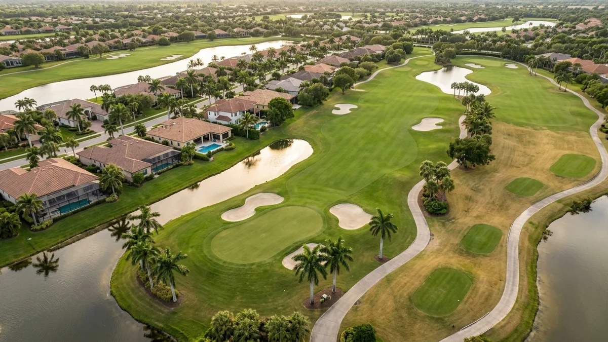Aerial view of a Naples, Florida golf course community with fairways, homes along the course, and palm-lined streets under a clear sky