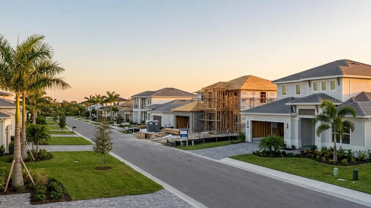 New construction homes under development in a Naples, Florida community, with framing and finished homes visible along a landscaped street