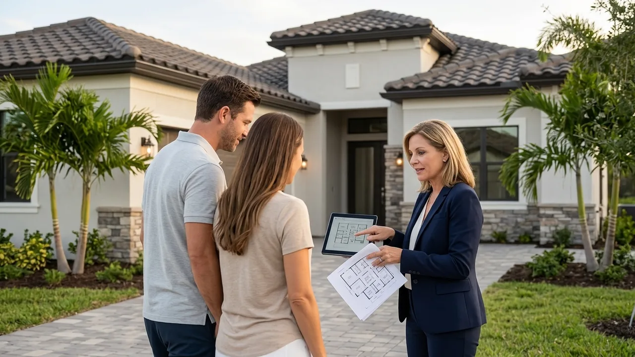 A real estate agent and buyers reviewing plans together outside a new-construction home in Naples, Florida