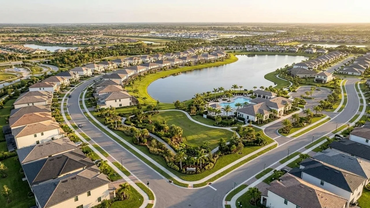 An aerial view of a master-planned new-construction community in Southwest Florida with homes, lakes and landscaped streets