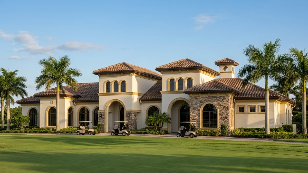 Golf course fairway and clubhouse in a Naples, Florida community with palm trees and manicured greens