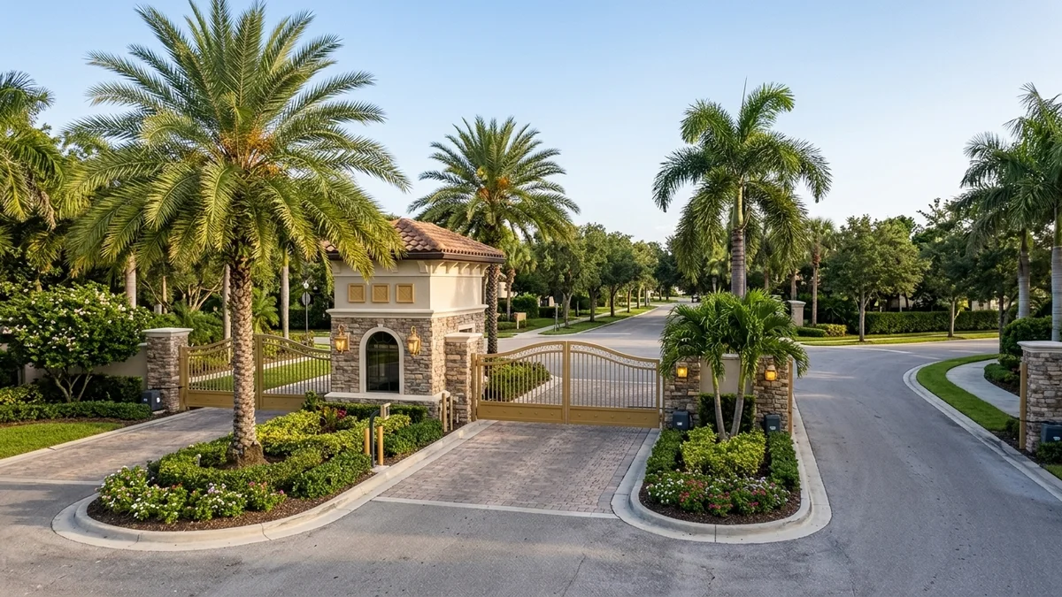 Gated entrance to a Naples, Florida golf course community with a guardhouse and landscaped entry drive