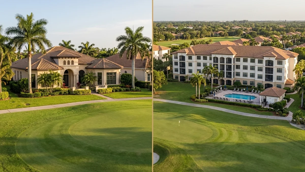 A quiet Naples golf community street showing a single-family home, an attached villa, and a low-rise condominium building side by side along a fairway