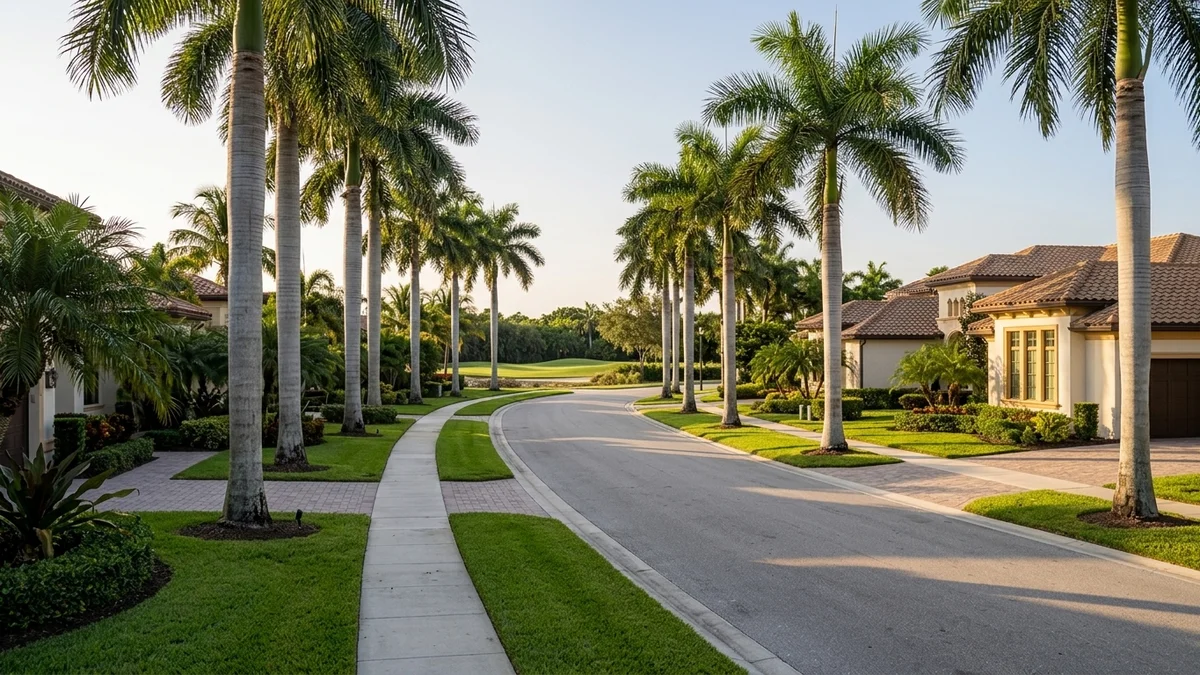 A Naples golf community home with hurricane shutters partially closed on one side of the street and an open, lived-in home with a car in the driveway on the other, showing the seasonal and full-time contrast