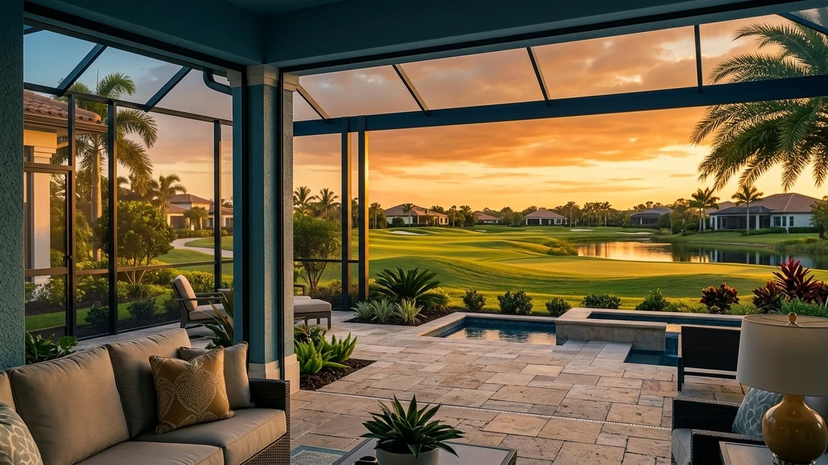 A resident walking through a Naples golf community gatehouse and along a quiet street lined with homes and a golf course fairway in the background