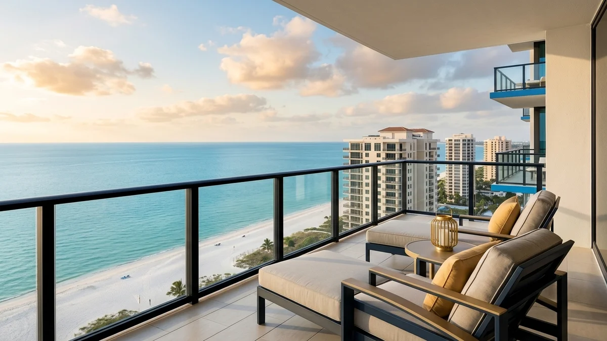 Wide oceanview from a high-rise condo balcony in Naples, Florida, showing the Gulf horizon and coastline below