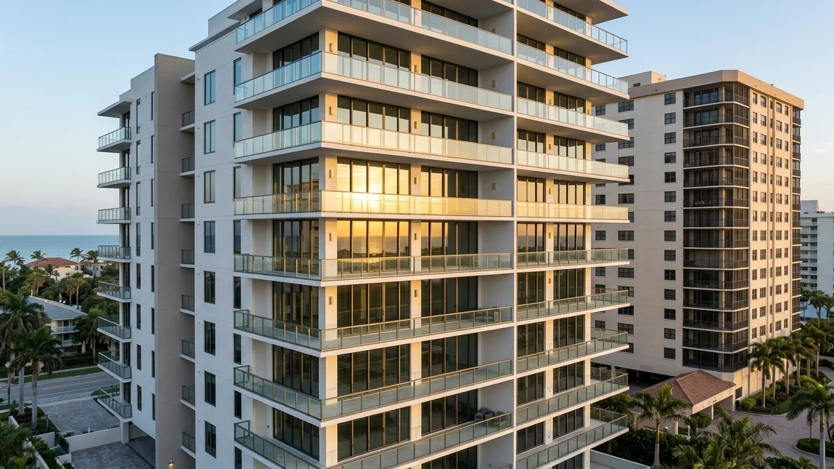 Exterior view of a Naples, Florida oceanfront high-rise condominium building against a blue sky